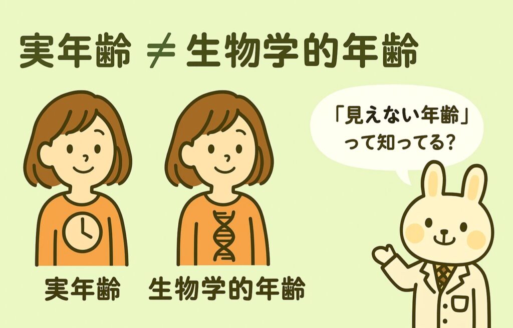 年齢 ≠ 生物学的年齢」の文字が中央に描かれたイラスト。左側には胸に時計マークがあるすずちゃん（実年齢）、右側にはDNAマークがあるすずちゃん（生物学的年齢）が並び、違いを表している。右端には白衣姿のみどりんが登場し、「見えない年齢って知ってる？」と吹き出しで問いかけている。背景は淡いグリーン。